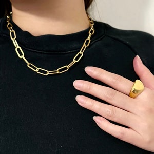 May include: A gold chain necklace with a simple, linked design. A gold ring with a heart-shaped top is worn on the index finger of a hand.
