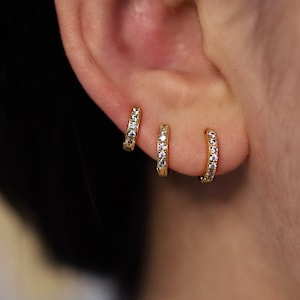 Gold Huggie Hoop Earring, Minimalist look, for Conch Tragus Lobe Helix, Pave Silver Tiny Hypoallergenic