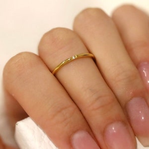 Dainty 18K Yellow Gold Ring Band with CZ Diamond simple wedding band. 18K Gold-filled Titanium core Minimalist Delicate Stacking Waterproof