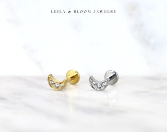 Moon Crest Stud Earring • 18K Gold Titanium Flat Back, Conch Cartilage