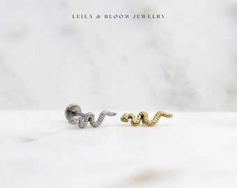 Labret Flat Back Serpent Snake Earring • Dainty Minimalist Stacked Earring 18G • Conch Cartilage • Titanium 18K Gold Filled • Hypoallergenic
