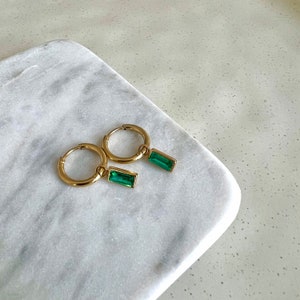 Dangle Drop Emerald Earrings • Minimalist • Dangle Hoops • Gold & Silver • CZ • Titanium 18K Gold Filled • Hypoallergenic • Waterproof