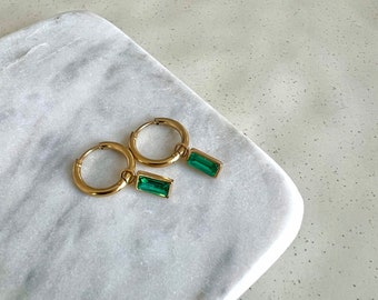Dangle Drop Emerald Earrings • Minimalist • Dangle Hoops • Gold & Silver • CZ • Titanium 18K Gold Filled • Hypoallergenic • Waterproof