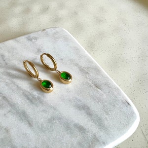 Emerald Dangle Gold Filled Hoop Earrings • Titanium Hoop • Dainty Minimalist Earrings • Hypoallergenic for everyday wear