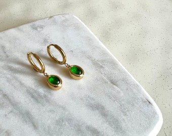 Emerald Dangle Gold Filled Hoop Earrings • Titanium Hoop • Dainty Minimalist Earrings • Hypoallergenic for everyday wear