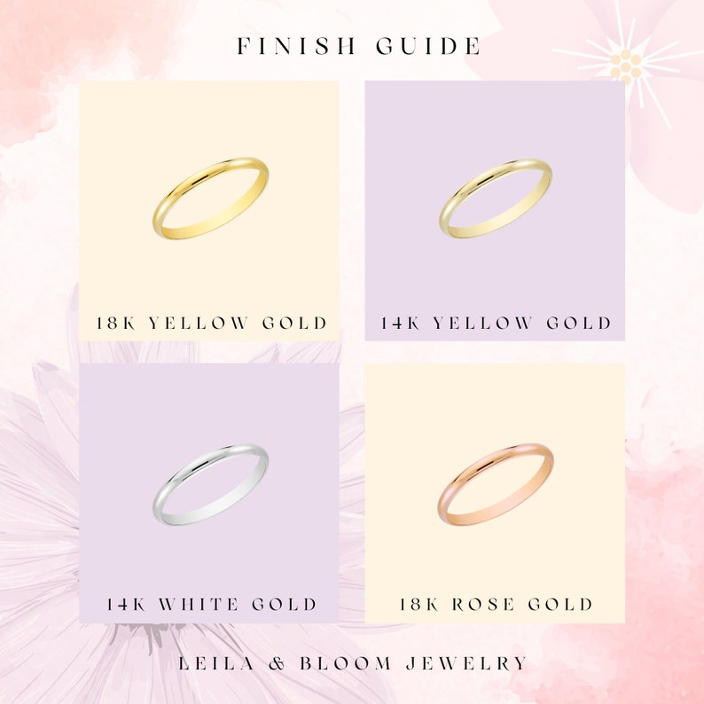 Puede incluir: Una gu&iacute;a de diferentes acabados en oro para joyer&iacute;a. Se muestran cuatro anillos en diferentes colores de oro: oro amarillo de 18 quilates, oro amarillo de 14 quilates, oro blanco de 14 quilates y oro rosa de 18 quilates. Tambi&eacute;n se muestra el texto "FINISH GUIDE" y "LEILA & BLOOM JEWELRY".