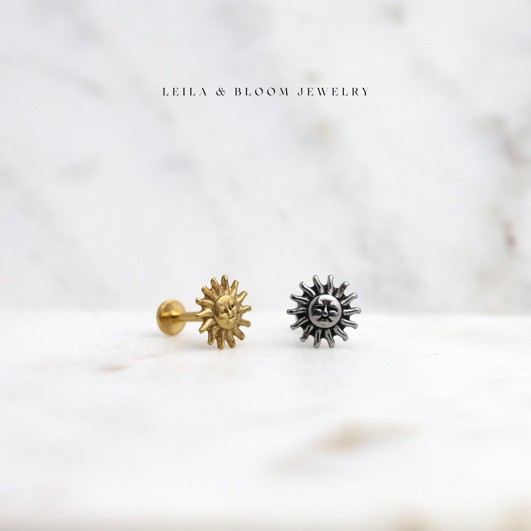 Labret Flat Back Celestial Sun Stud • Dainty Minimalist Stack Earring ...