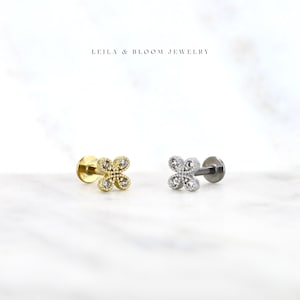 Labret Flat Back Earrings • 4 Leaf Dainty Minimalist Earring 18G • Conch Cartilage Lobe • Titanium 18K Gold Filled • Hypoallergenic