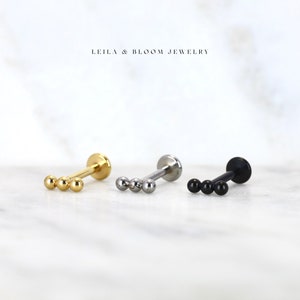Threadless Flat Back 3 Sphere Stud • Dainty Minimalist Stack Earring 16G • Conch Cartilage • Titanium 18K Gold Filled • Hypoallergenic