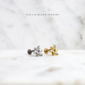 Boucles d'oreilles labret à dos plat • Boucle d'oreille minimaliste Marquise Dainty 18 G • Conque Helix Tragus du cartilage • Titane or 18 carats rempli • Hypoallergénique