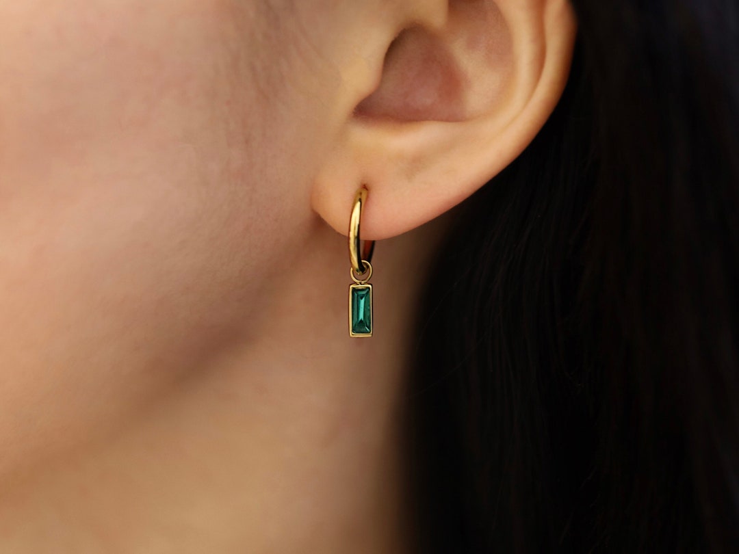 Emerald Gem Dangle Hoop Earring Dainty Simple Minimalistic - Etsy UK