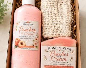 Peaches & Cream Spa Gift Set | Handcrafted Lotion, Artisan Soap, Sisal Soap Saver | RoseVine Naturals