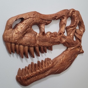 Copper T-Rex Skull Wall Art: Handmade Resin Dinosaur Fossil Decor