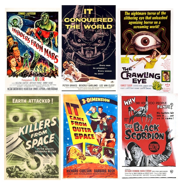 Vintage sci-fi/horror movie poster stickers