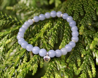 Angelit 6 mm Perlen-Armband mit Sterling Silber Herz Charm | Edelstein Schmuck