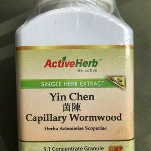 May include: A white bottle with a gold label and green accents. The label reads "ActiveHerb™", "Be active", "Single Herb Extract", "Yin Chen", "茵陳", "Capillary Wormwood", "Herba Artemisiae Scopariae", "5:1 Concentrate Granule", "Net Wt. 100 gm (3.53 Oz)", and "GMP Certified".
