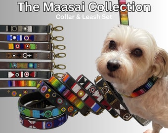 Bead and Leather Dog Collar Lead Set, African Maasai Leather Designer Collar & Leash, Handmade Pet Accessories, Matching Lead Collar