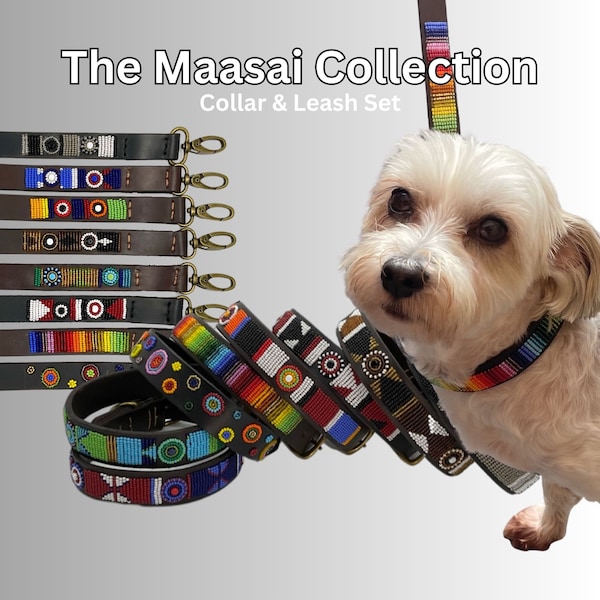 Bead and Leather Dog Collar Lead Set, African Maasai Leather Designer Collar & Leash, Handmade Pet Accessories, Matching Lead Collar