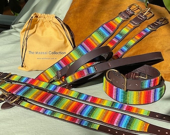 Regenbogen Perlen Hundehalsband auf hochwertigem dunkelbraunem Leder, Designer Halsbänder handgefertigt in Afrika von Masai Mara Mamas, unser Regenbogen Design