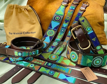 Blue green gold bead dog collar on quality dark brown leather, designer collars handmade in Africa by Maasai Mara Mamas, our Peacock design