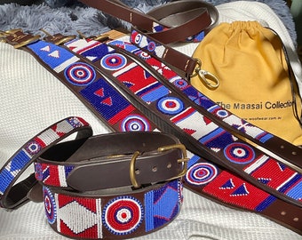 African Maasai Beaded Leather Dog Pet Collar: Ethical Sustainable Handmade Red White Blue Design