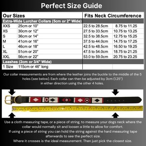 May include: A size guide chart for extra-wide lurcher collars and leashes with a table listing sizes from XXS to XXL. Below the table, a black leather collar with a red, white, and black beaded pattern is shown alongside a yellow measuring tape.