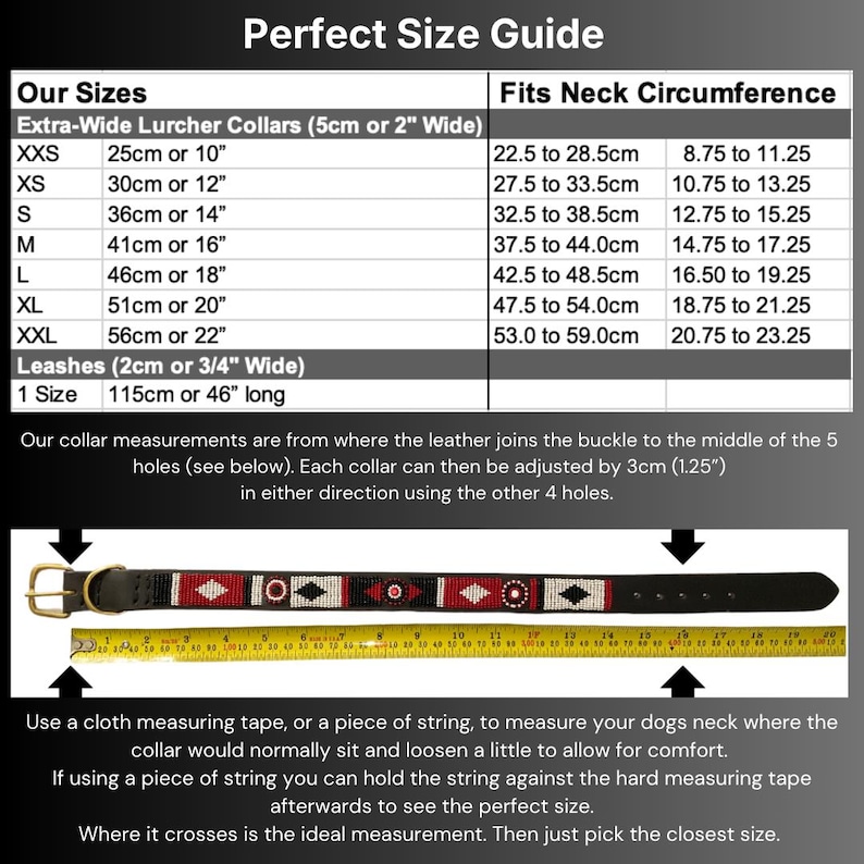 May include: A size guide chart for extra-wide lurcher collars and leashes with a table listing sizes from XXS to XXL. Below the table, a black leather collar with a red, white, and black beaded pattern is shown alongside a yellow measuring tape.