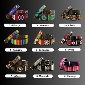 May include: Nine leather belts with beaded patterns and brass buckles, labeled 1-Liberty, 2-Peacock, 3-Solaris, 4-Rainbow, 5-Sundance, 6-Pride, 7-Nature, 8-Moonlight, and 9-Flamingo. Each belt features distinct geometric or circular beadwork designs.