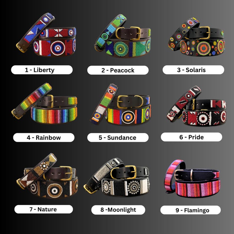 May include: Nine leather belts with beaded patterns and brass buckles, labeled 1-Liberty, 2-Peacock, 3-Solaris, 4-Rainbow, 5-Sundance, 6-Pride, 7-Nature, 8-Moonlight, and 9-Flamingo. Each belt features distinct geometric or circular beadwork designs.