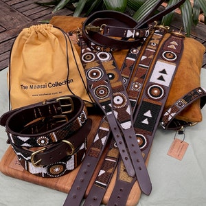African Maasai bead dog collar, gold brown black white beads on dark brown leather, designer handmade by the Mamas, our Nature design