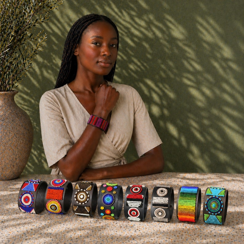 Handmade Maasai Beaded Leather Cuff Bracelets Wide