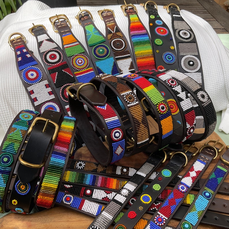 Maasai beaded leather designer dog collars handmade in Africa from quality leather for large and small dogs 画像 1