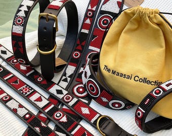 African Handmade Maasai Beaded Leather Dog Collar: Black White Red Design