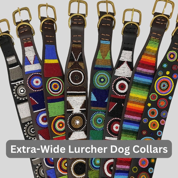 Extra-wide lurcher dog collar Maasai bead & leather, handmade in Africa by Maasai Mara Mamas