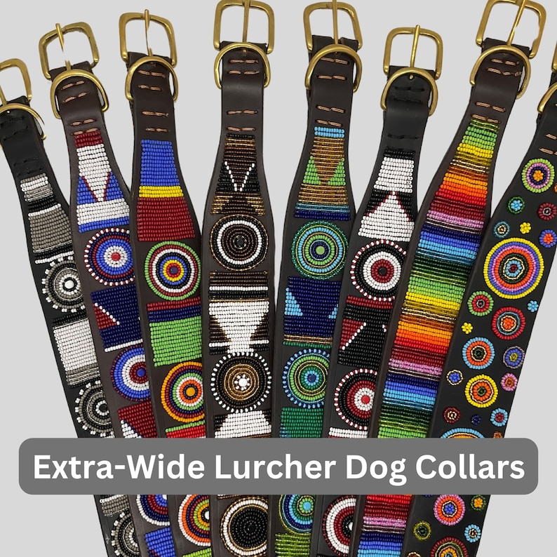 African Maasai Beaded Extra Wide Lurcher Leather Dog Pet Collar: Ethical Sustainable Handmade Designs