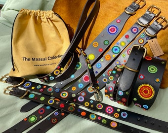 Colourful bead dog collar on high quality black leather, designer collars handmade in Africa by Maasai Mara Mamas, our Solaris design