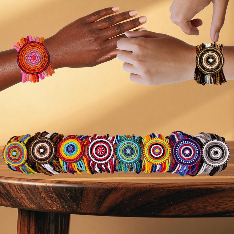 Handmade Maasai Beaded Leather Stretch Bracelets Universal Size
