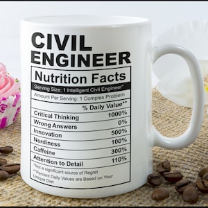 May include: White ceramic mug with a black design that reads "CIVIL ENGINEER Nutrition Facts" with a table listing "Critical Thinking", "Wrong Answers", "Innovation", "Nerdiness", "Caffeine", and "Attention to Detail" with percentages next to each item.