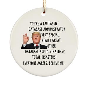 May include: White ceramic ornament with a humorous message about database administrators. The ornament features a photo of Donald Trump with the text "You're a fantastic database administrator. Very special. Really great. Other database administrators? Total disasters! Everyone agrees. Believe me."