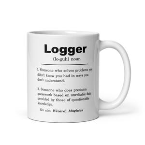 Pode incluir: Caneca de cerâmica branca com uma definição em preto e branco da palavra "Logger" com a pronúncia "(lo-guh)" e duas definições. A caneca tem uma alça preta.