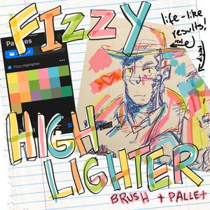 Puede incluir: Una ilustración digital de una persona con un sombrero sobre un fondo colorido. El texto "Fizzy Highlighter" está escrito en una fuente colorida y juguetona. El texto "BRUSH + PALLET" está escrito en una fuente más pequeña debajo del texto principal. La imagen es una ilustración digital de un pincel y una paleta para el arte digital.