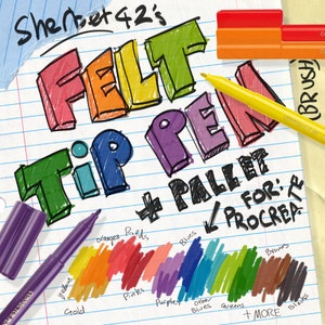 May include: A set of 42 felt tip pens with a colour palette for Procreate. The pens are arranged in a rainbow order with labels for each colour group: oranges, reds, pinks, purples, blues, greens, browns, and blacks. The text "Sherbet 42's FELT TIP PEN + PALLET FOR: PROCREA" is written in a colourful, hand-drawn style.