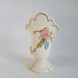 Vintage Hull Pottery Vase W1, Pink Floral with Gold Trim