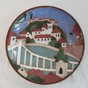 Budapest Village Redware Pottery Plate 9.5" X 2" SIGNED Vintage Collector Plate