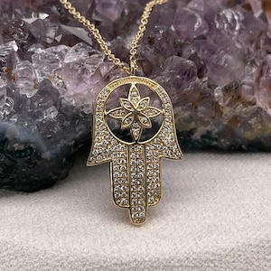 Hamsa Gold Necklace- 14K Yellow Gold Diamond- Hamsa Necklace- Hamsa Pendant- Gold Pendant- Gold Necklace- Gift For Her-Diamond Pendant
