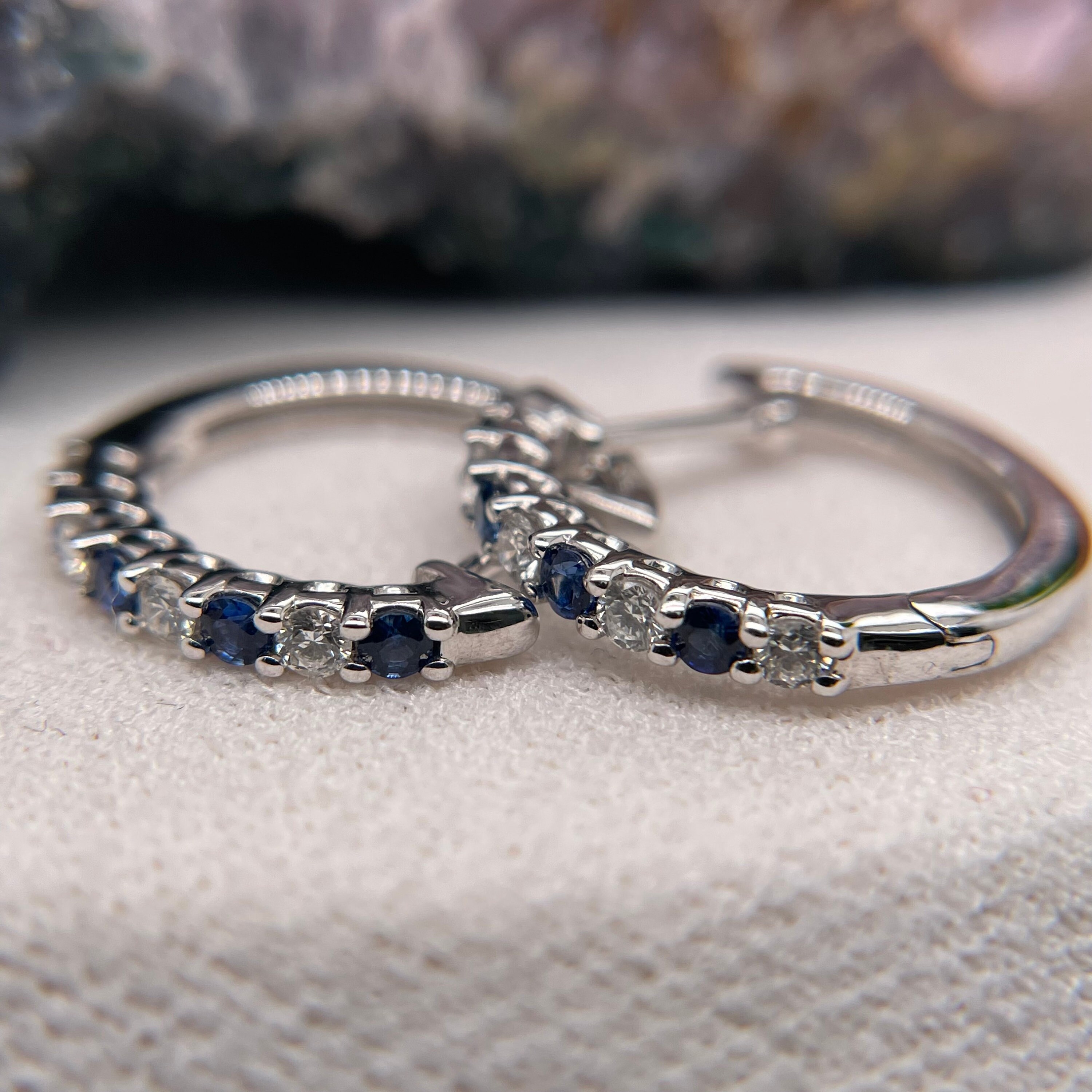 14K White Gold with Diamond Earrings For Woman Sapphire Earrings GIFT FOR HER Diamond Huggies Earrings