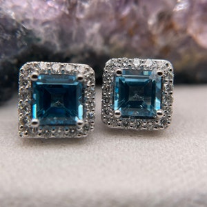 14K White Gold Diamond Earrings For Woman Blue Topaz Earring GIFT FOR HER White Gold Earring Stud Earrings
