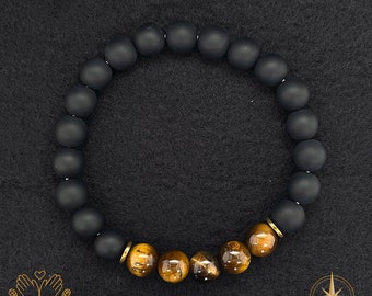 Matte Black Onyx and Tiger Eye Bracelet Mens Bracelet Womens Bracelet Stretch Bracelet Gemstone Bracelet Healing Bracelet