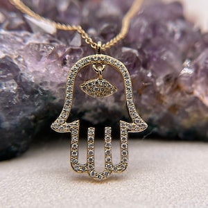 Hamsa Gold Necklace- 14K Yellow Gold Diamond- Hamsa Necklace- Hamsa Pendant- Gold Pendant- Gold Necklace- Gift For Her-Diamond Pendant