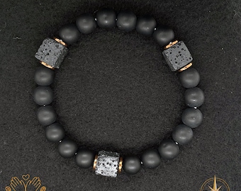 Matte Black Onyx with Cube Lava Bracelet Mens Bracelet Womens Bracelet Stretch Bracelet Gemstone Bracelet Healing Bracelet